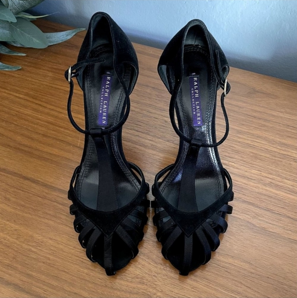 Ralph Lauren Collection Suede Leather Strappy T-Strap Heels